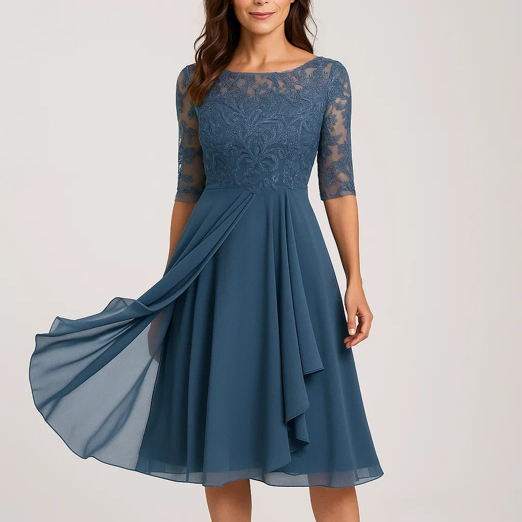Vestido midi fluido com mangas três quartos para senhora