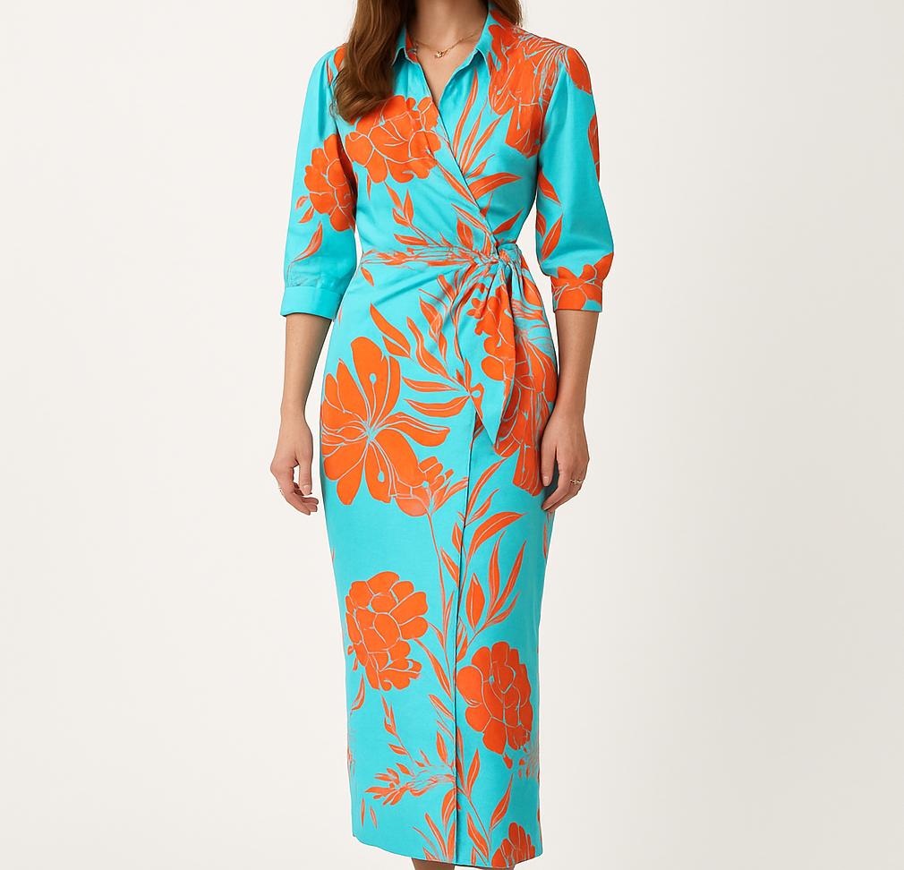 Vestido midi cruzado com mangas compridas e cintura ajustável