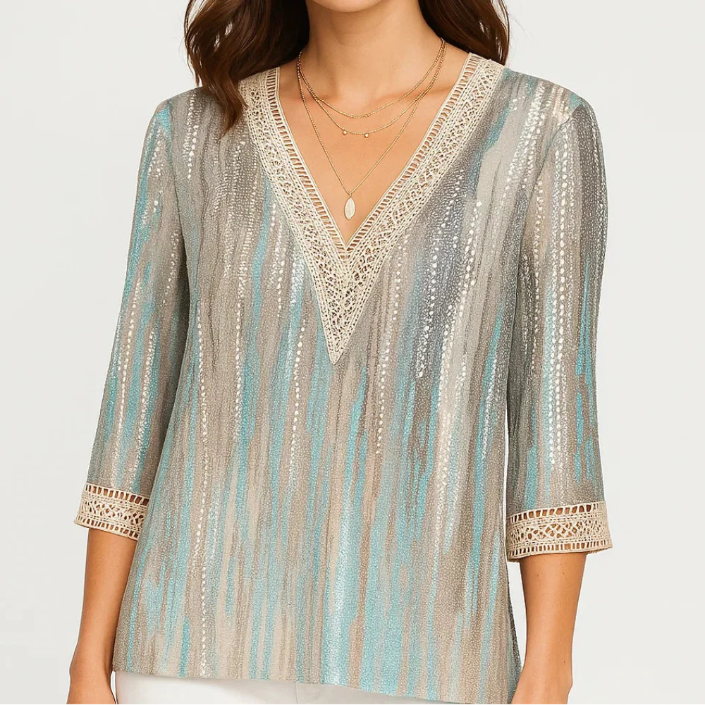 Blusa elegante com decote em V e mangas três quartos para senhora