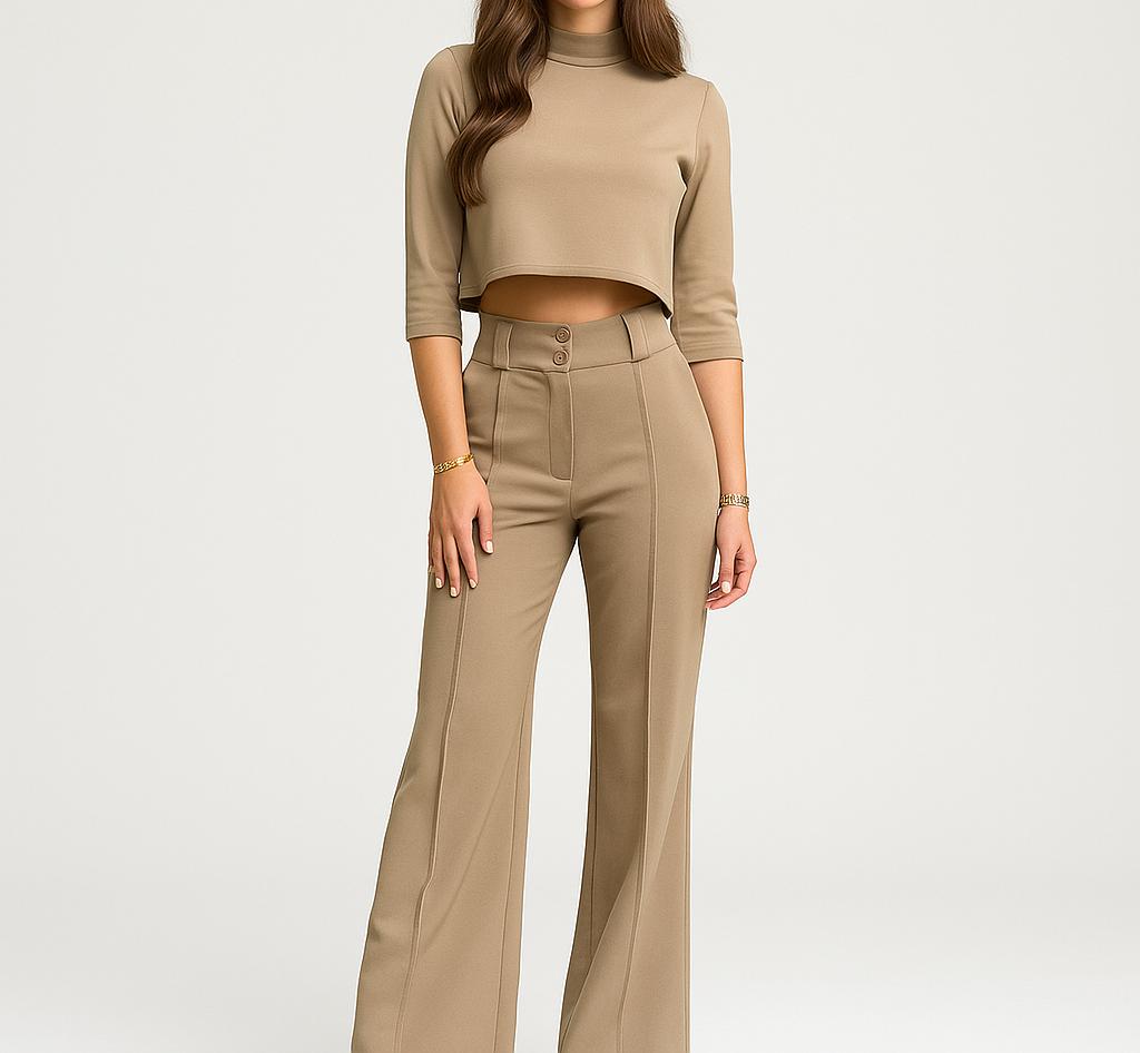 Conjunto feminino de top curto e calças de cintura subida