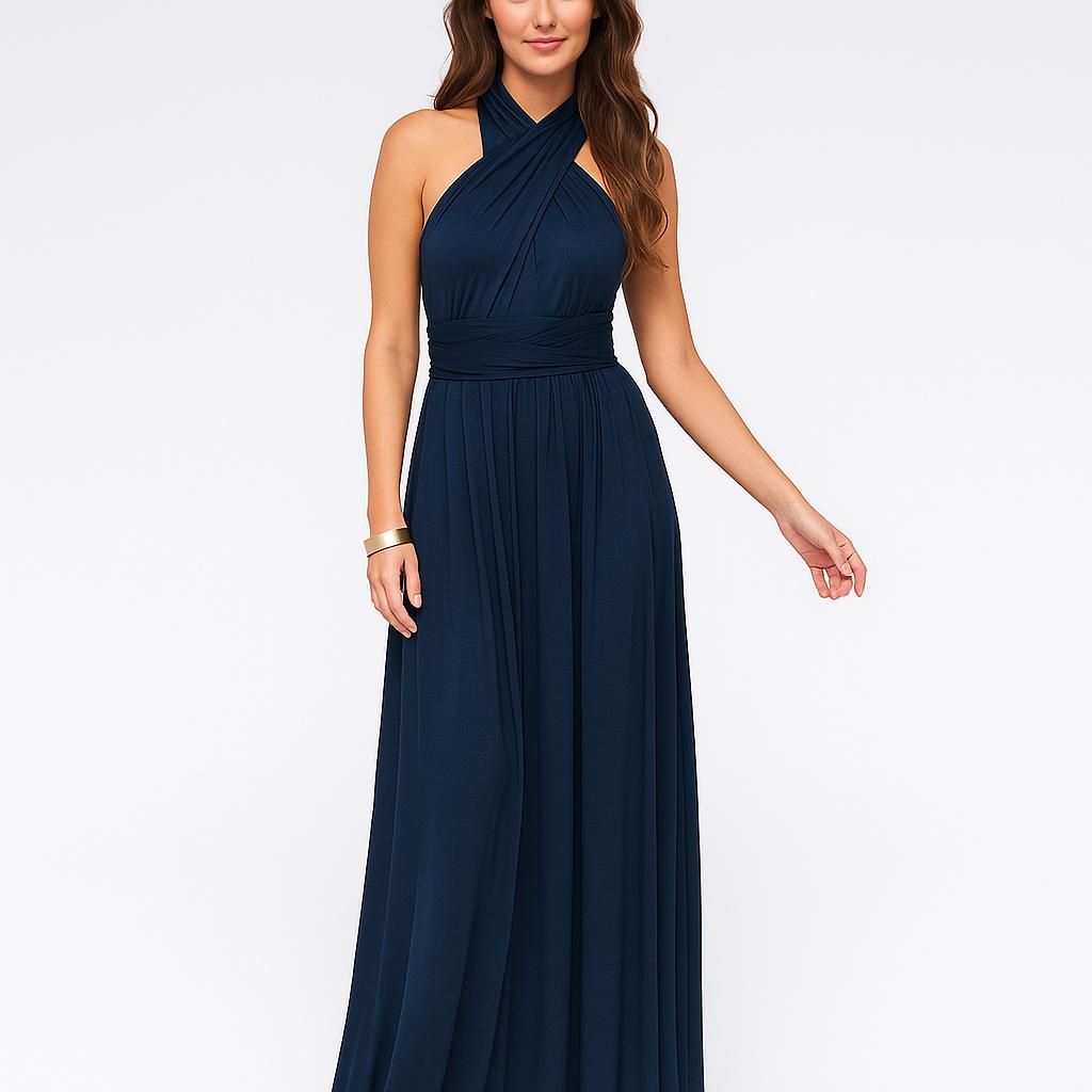 Vestido comprido fluido com decote halter e efeito drapeado