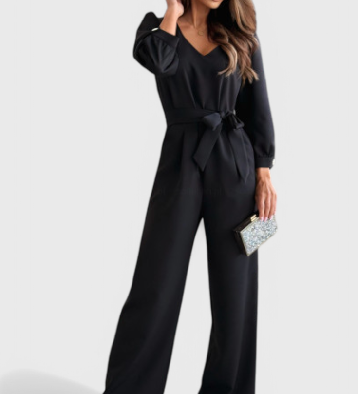 Ariane Mono s Širokými Nohavicemi a Výstřihem do V s Pasem na Mašličku