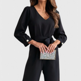 Ariane Mono s Širokými Nohavicemi a Výstřihem do V s Pasem na Mašličku