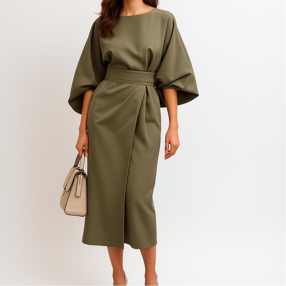 Vestido midi elegante de mulher com cinto e manga ampla