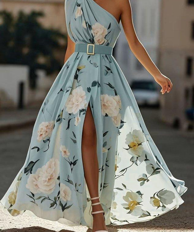 Julie | Vestido Maxi de Chiffon Floral Verde Claro com Um Ombro