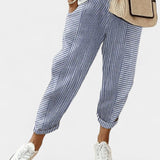 Alba Pantalony z Lněné Směsi s Pruhy