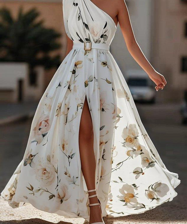Julie | Vestido Maxi de Chiffon Floral Verde Claro com Um Ombro