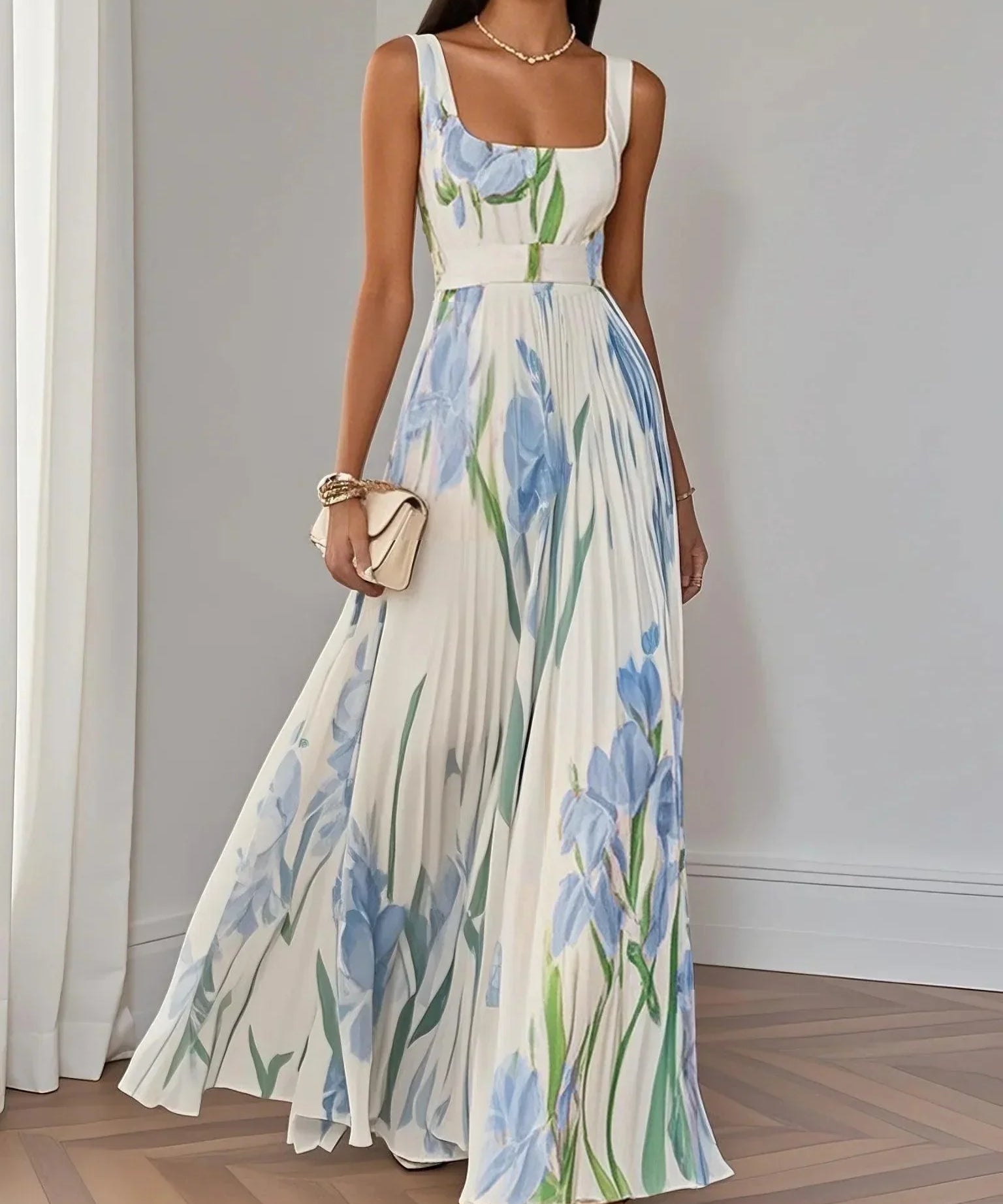 Marie | Vestido Maxi de Chiffon Floral Plissado Branco
