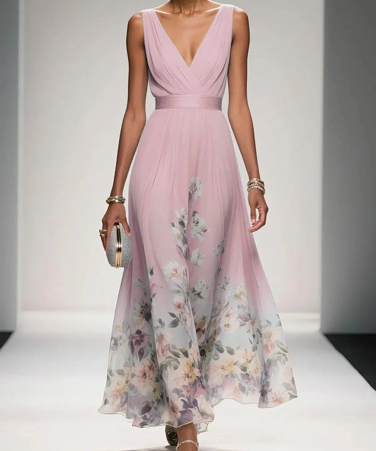 Rosa | Vestido Maxi de Chiffon Floral Azul Claro com Decote em V