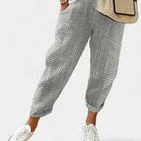 Alba Pantalony z Lněné Směsi s Pruhy