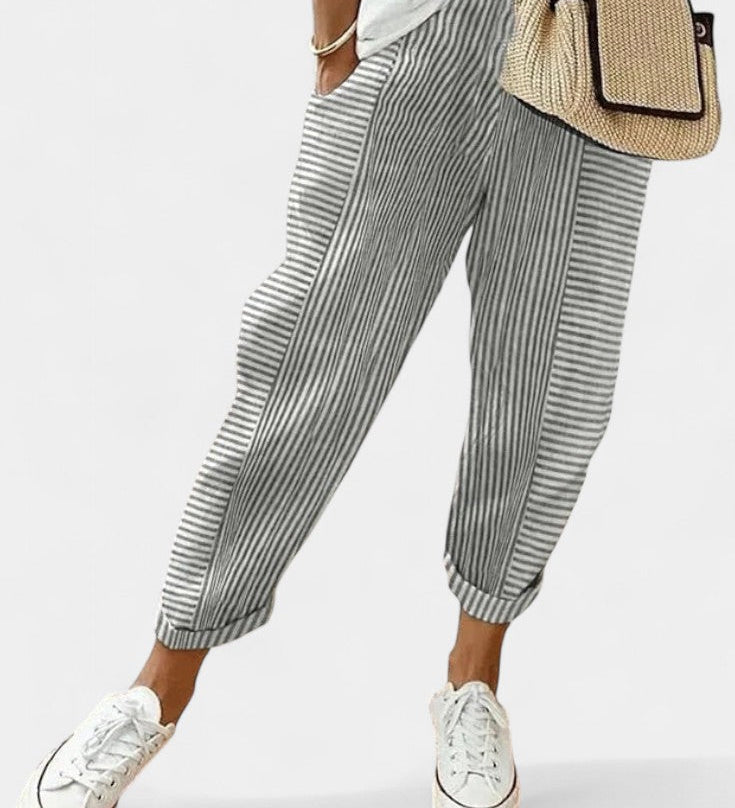 Alba Pantalony z Lněné Směsi s Pruhy