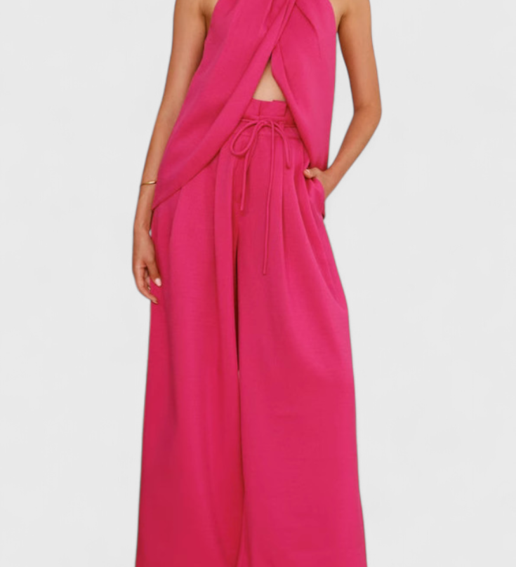 Bernadina Lněný Set s Topem s Předním Rozparkem a Kalhotami s Širokými Nohavicemi