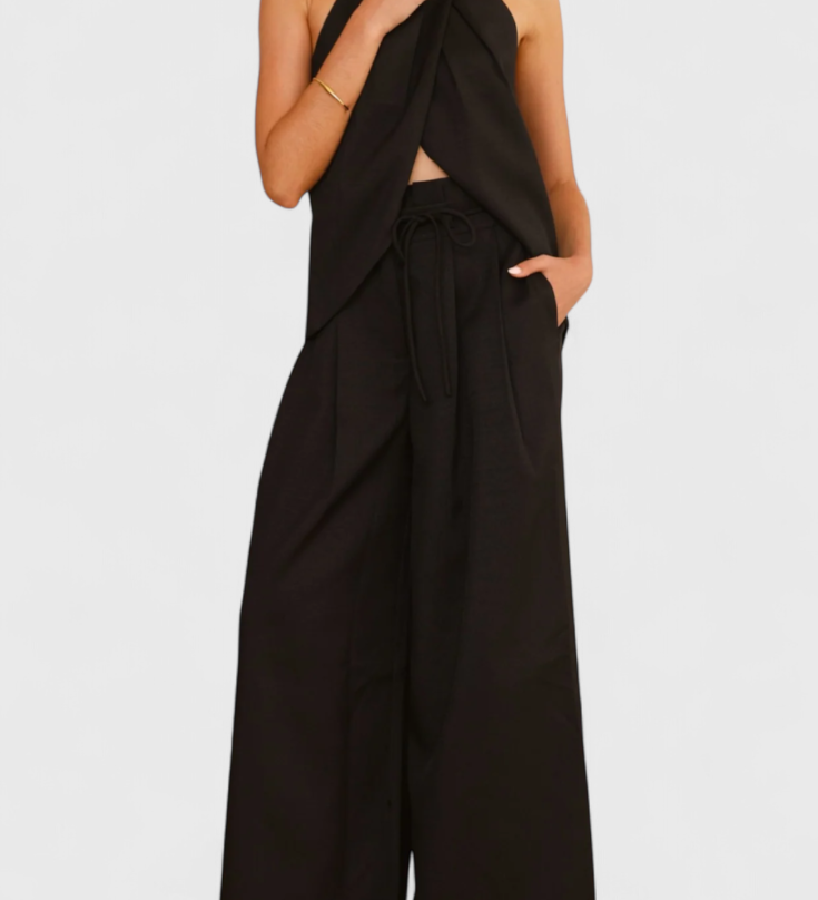 Bernadina Lněný Set s Topem s Předním Rozparkem a Kalhotami s Širokými Nohavicemi