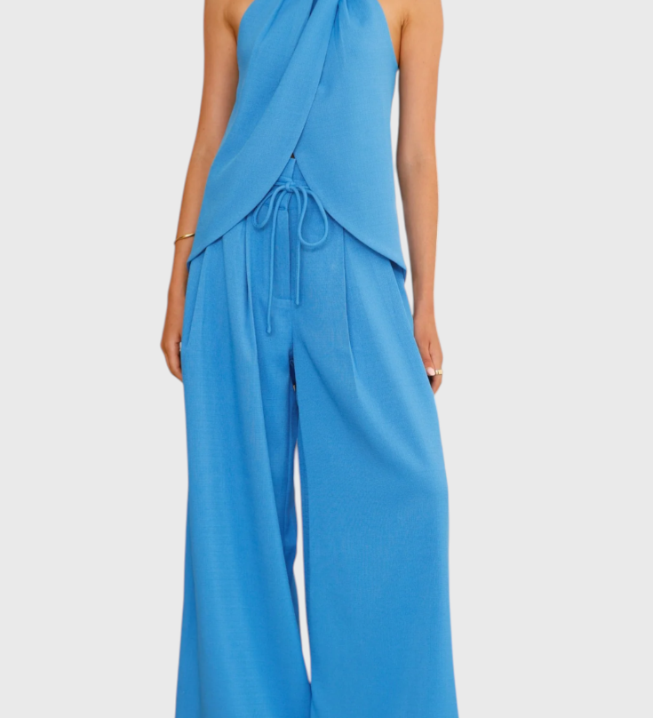 Bernadina Lněný Set s Topem s Předním Rozparkem a Kalhotami s Širokými Nohavicemi