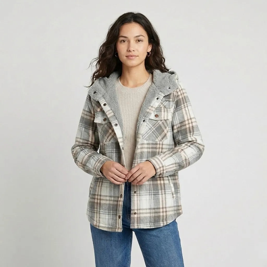 Conforto urbano com forro macio | Casaco aos quadrados com capuz | Estilo casual de inverno
