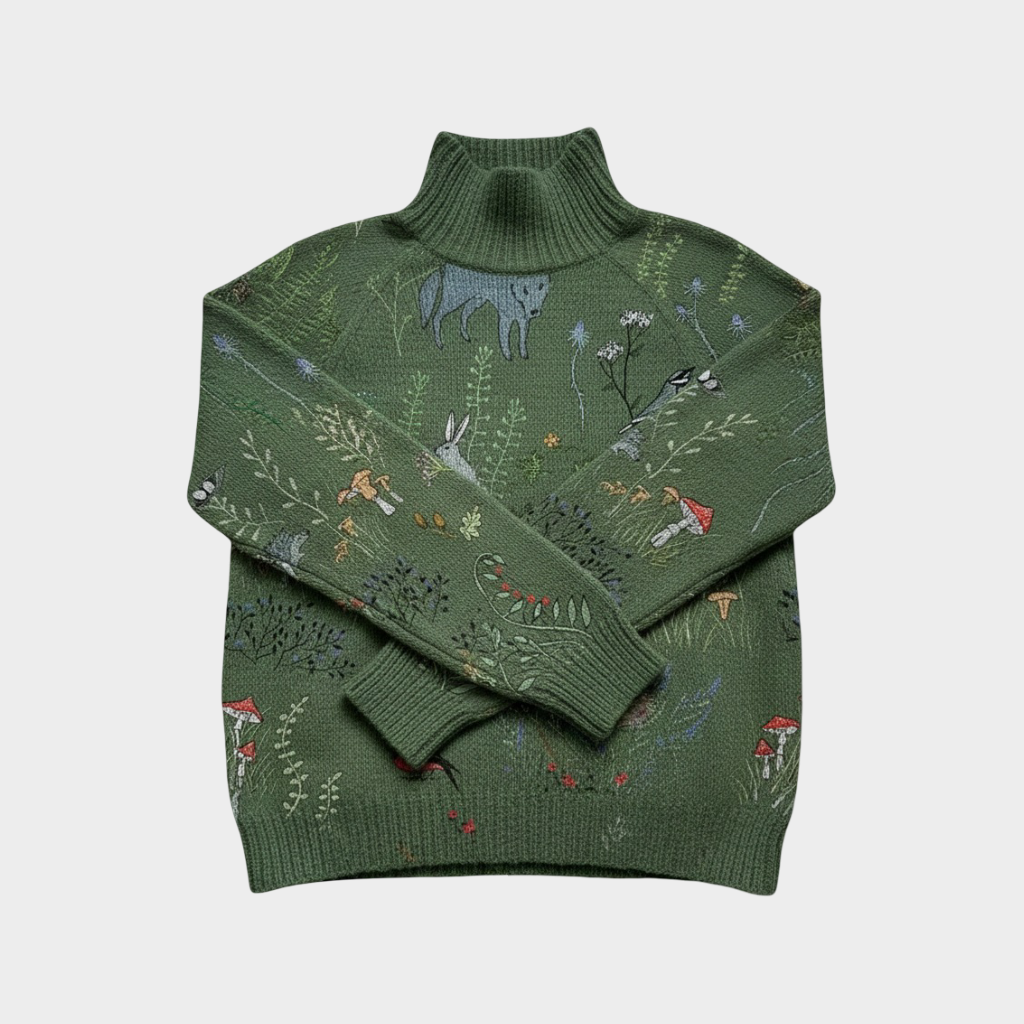 Hana | Pletený svetr s potiskem lesa a zvířat a rolákem
